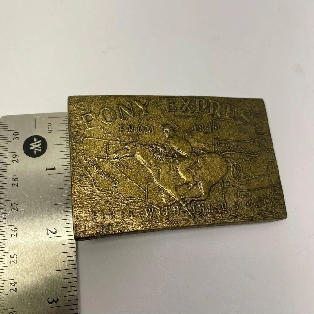 Vintage Pony Express Belt Buckle‎ Mens OS Gold Brass Western Rider 1849 Map